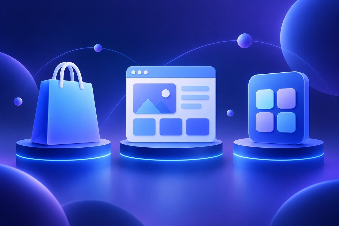 Illustration : sac de shopping, grille de site web et bloc d'application sur trois socles