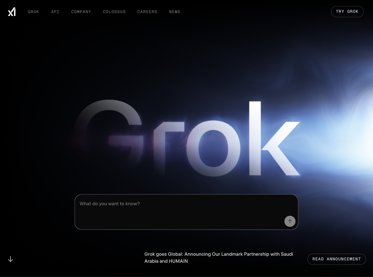 Page daccueil de Grok (xAI), capture de juillet 2026