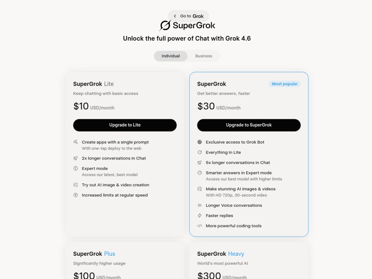 Page des forfaits SuperGrok : Lite à 10 dollars, SuperGrok à 30 dollars, Plus à 100 dollars et Heavy à 300 dollars par mois