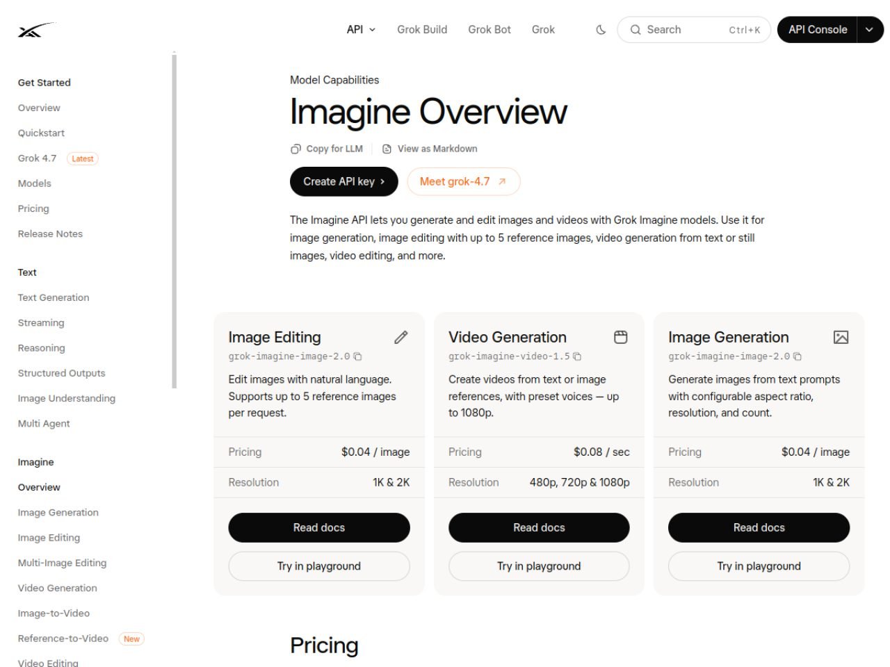 Documentation xAI : l'API Imagine pour générer et éditer des images et des vidéos avec les modèles Grok Imagine