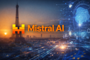 Illustration représentant Mistral AI, acteur français de l’intelligence artificielle générative