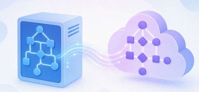 Illustration d un serveur et d un nuage reliés par des workflows