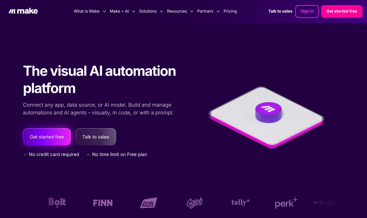 Page d'accueil de Make : plateforme visuelle d'automatisation par IA, avec le plan gratuit sans limite de durée
