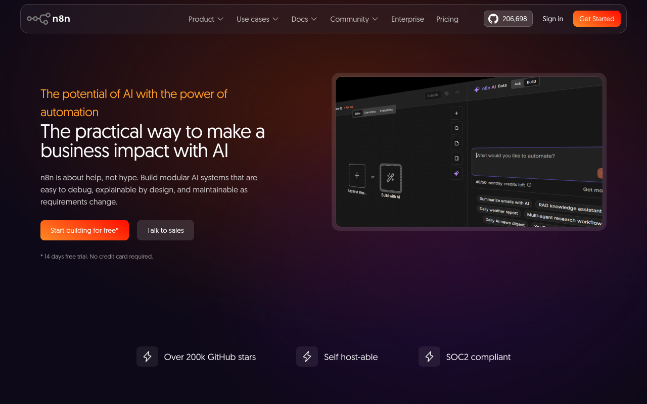 Page IA de n8n avec l'assistant de création de workflow par IA et l'éditeur visuel