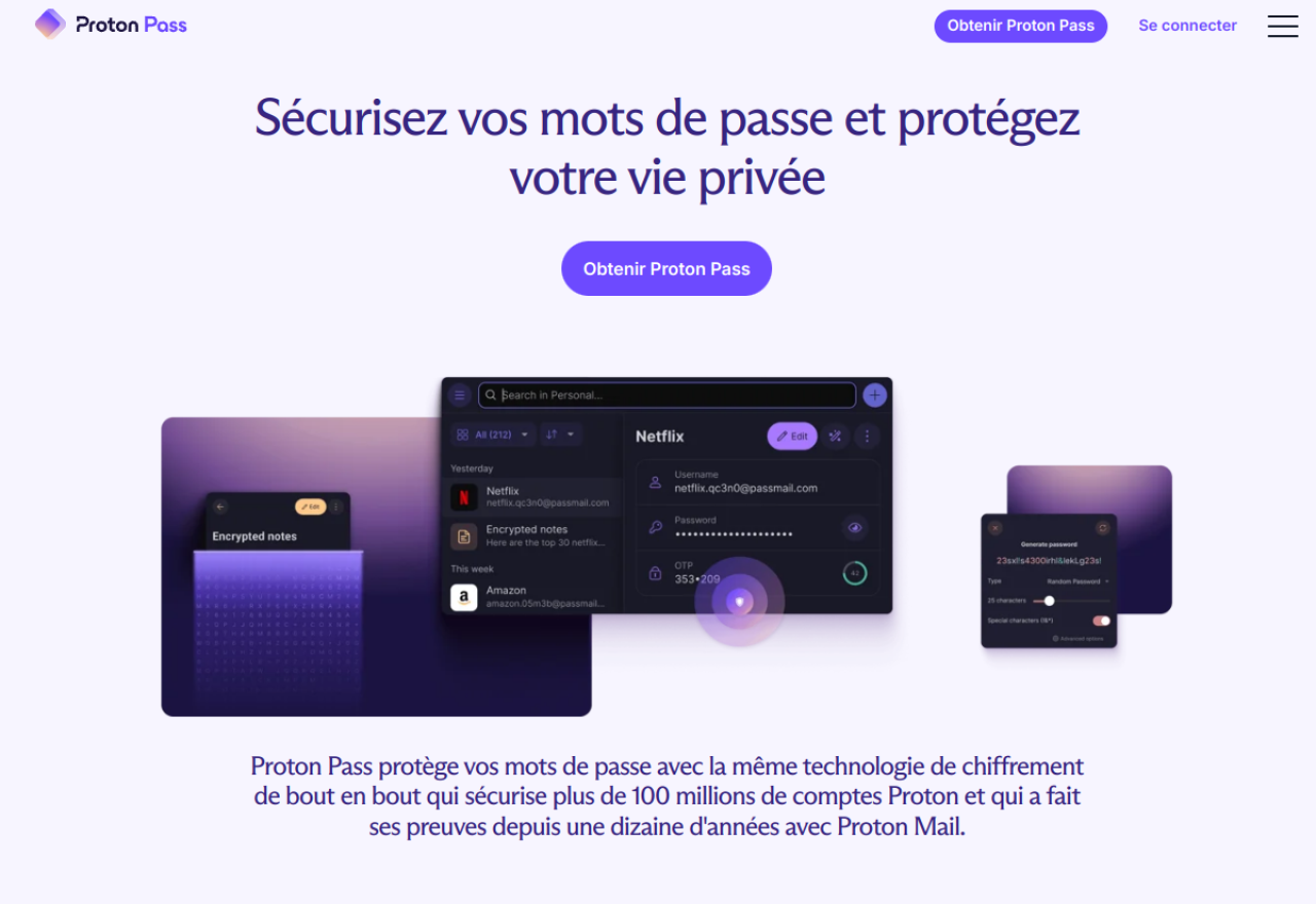 Page sécurité de Proton Pass présentant le chiffrement de bout en bout