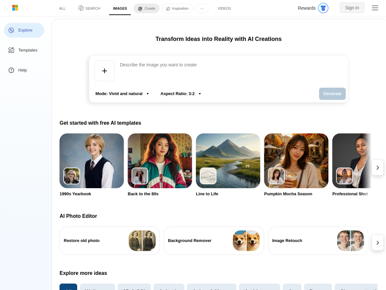 Capture de Bing Image Creator avec le mode Vif et naturel et le bouton Generate