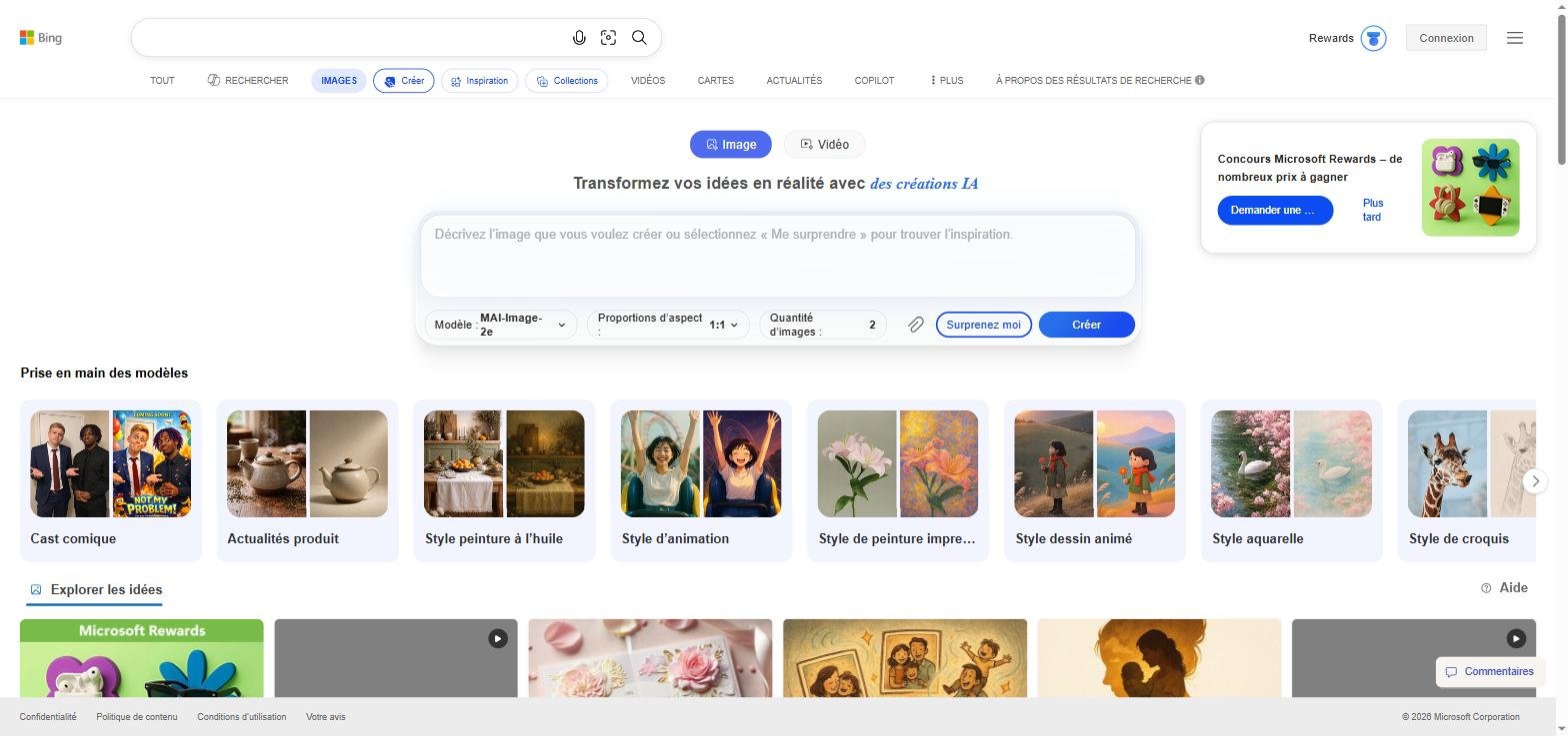 Interface principale de Bing Image Creator avec champ de prompt et sélecteur de modèles