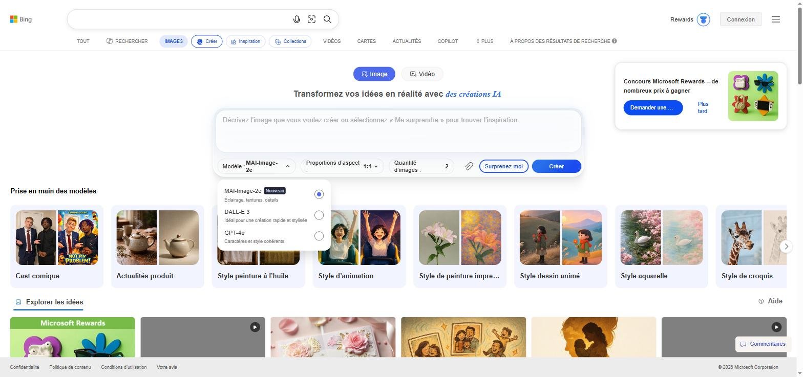 Menu de sélection des modèles IA dans Bing Image Creator : MAI-Image-2e, DALL-E 3 et GPT-4o