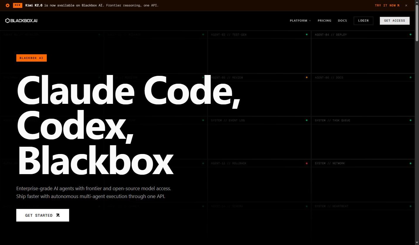 Page d'accueil de Blackbox AI - interface agents autonomes