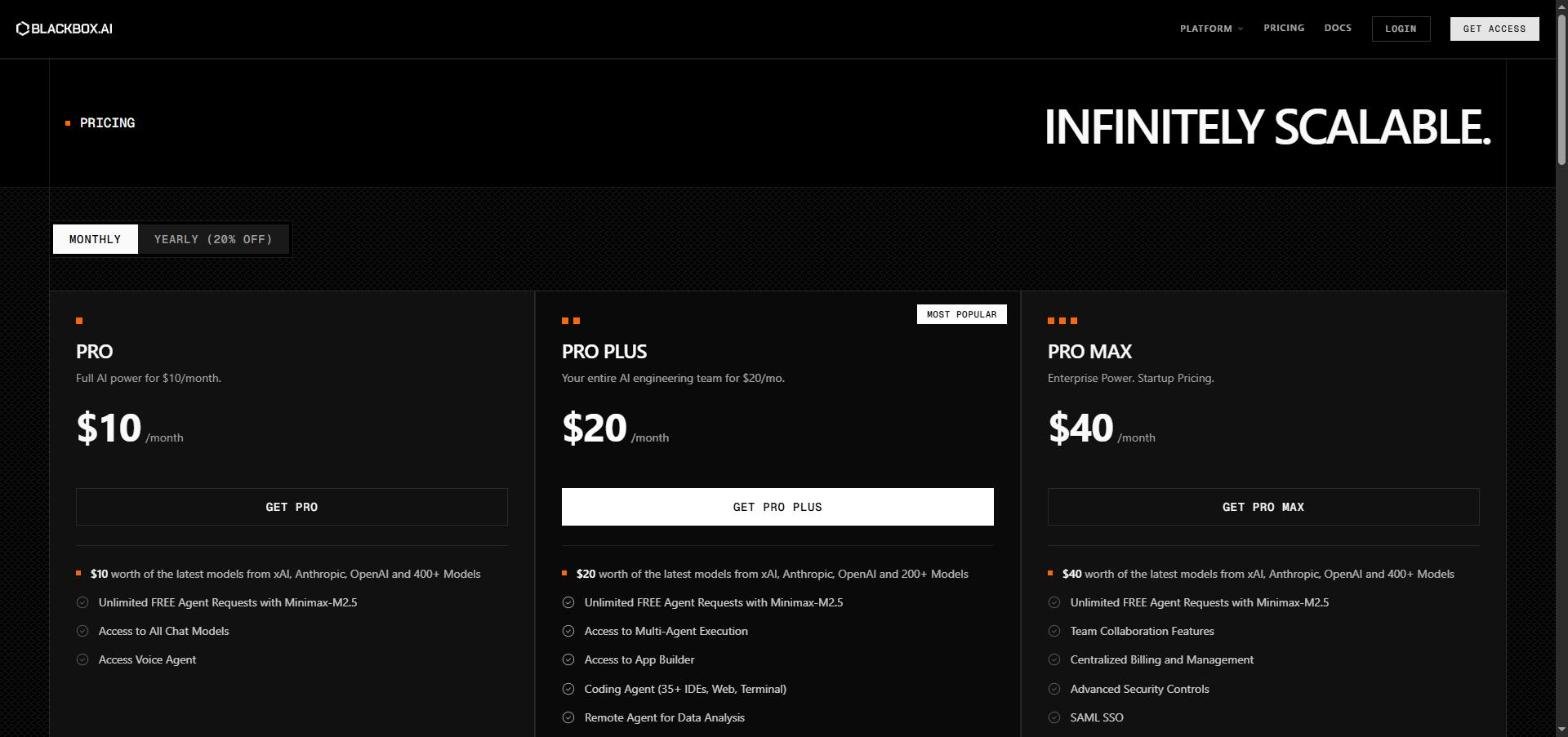 Tarifs Blackbox AI 2026 - plans Pro 10$, Pro Plus 20$, Pro Max 40$ par mois