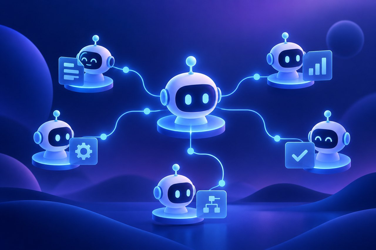 Illustration : réseau de petits robots reliés par des lignes lumineuses