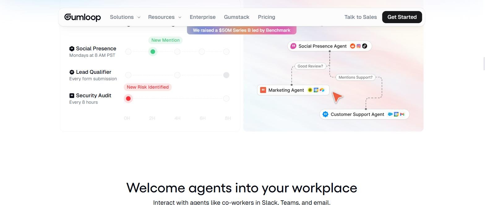 Gumloop - Interface canvas multi-agents avec Social Presence Agent, Marketing Agent et Customer Support Agent