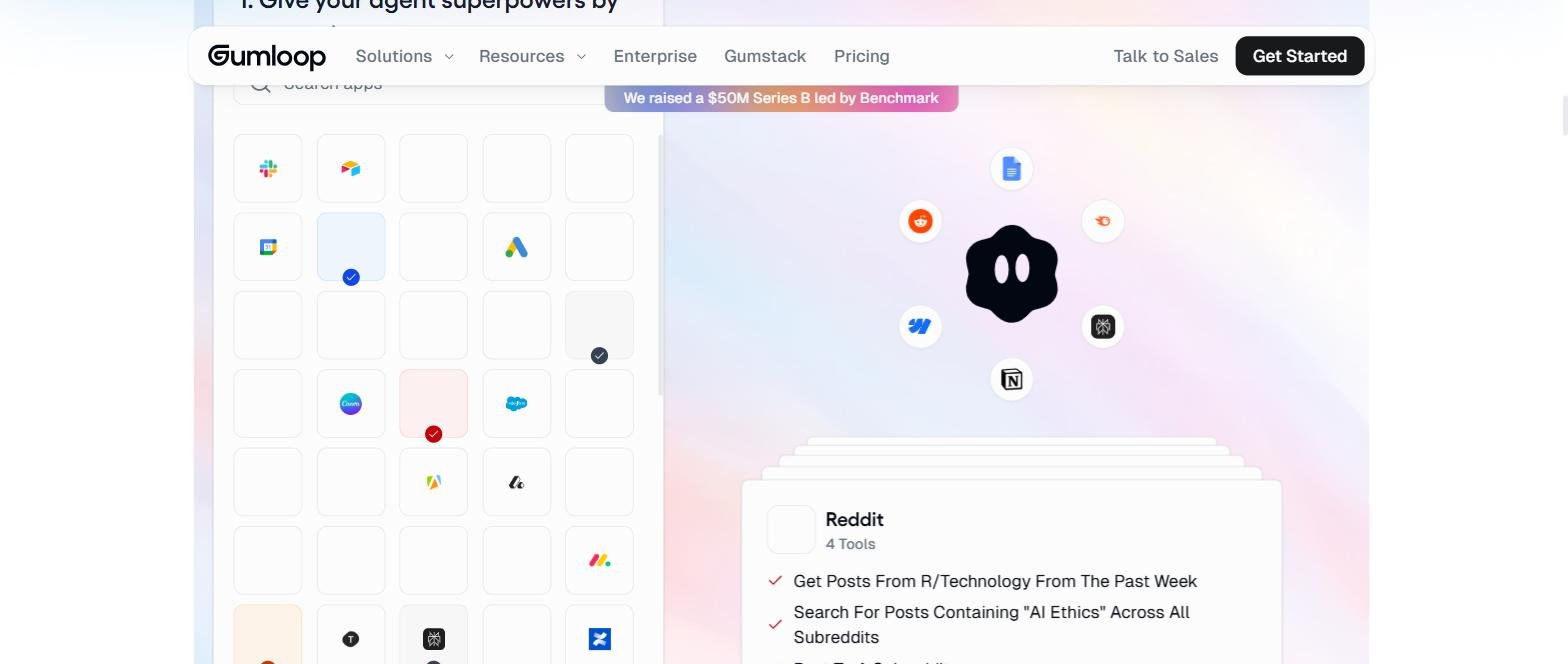 Gumloop - Bibliothèque d'intégrations : Slack, Google Sheets, Reddit, Salesforce, Webflow, Notion et +100 autres