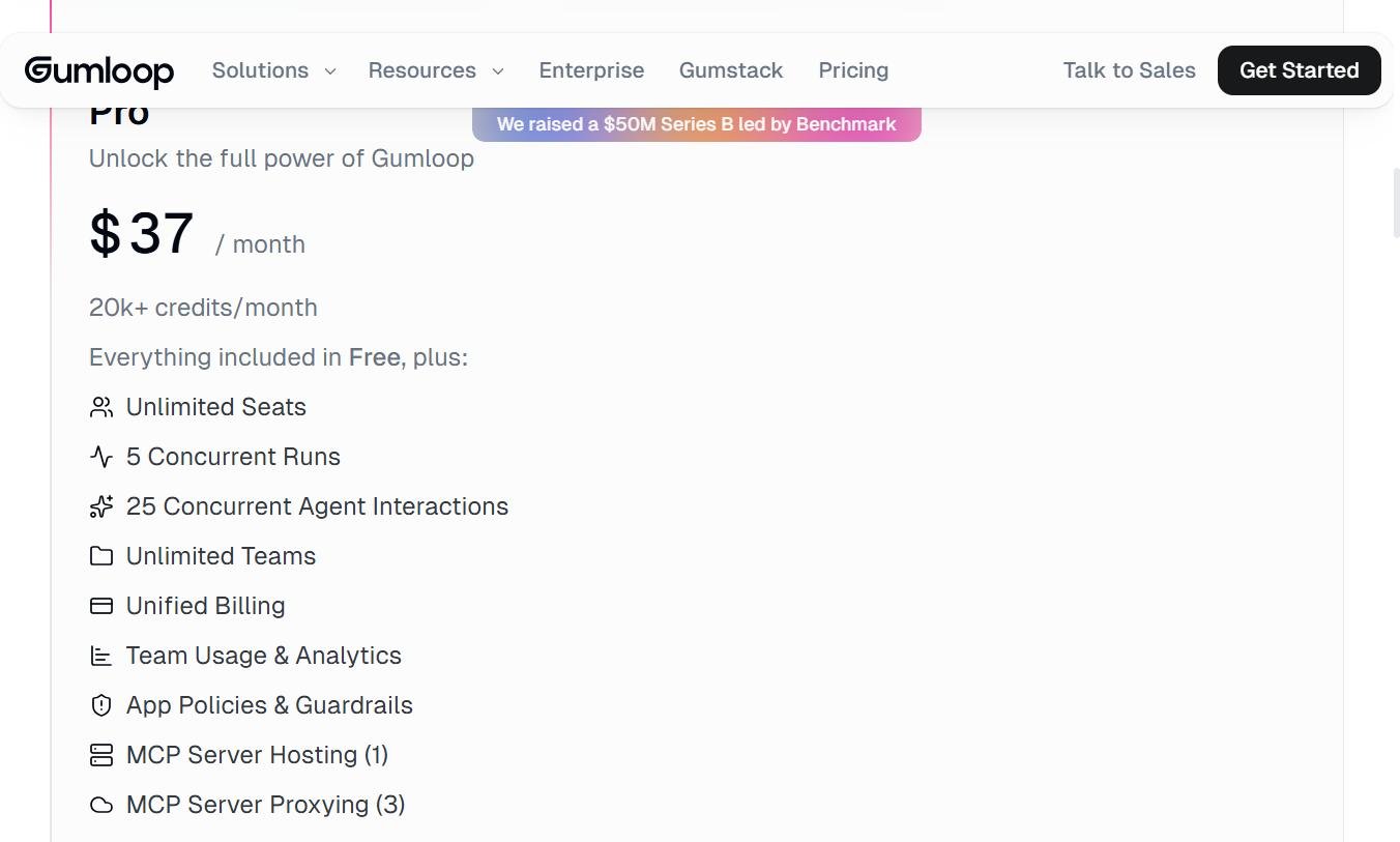 Gumloop - Plan Pro à 37$/mois avec 20k crédits, sièges illimités, 5 runs simultanés