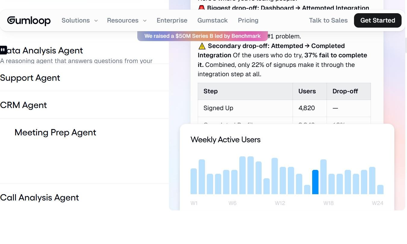 Gumloop - Templates d'agents : Data Analysis Agent, Support Agent, CRM Agent, Meeting Prep Agent, Call Analysis Agent