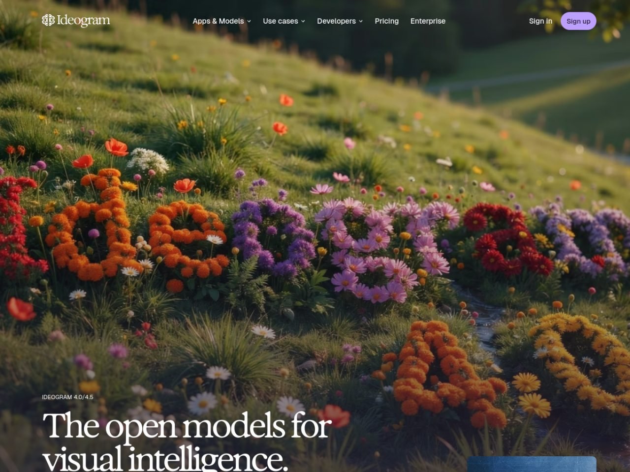 Page d'accueil d'Ideogram : « The open models for visual intelligence », modèles 4.0 et 4.5