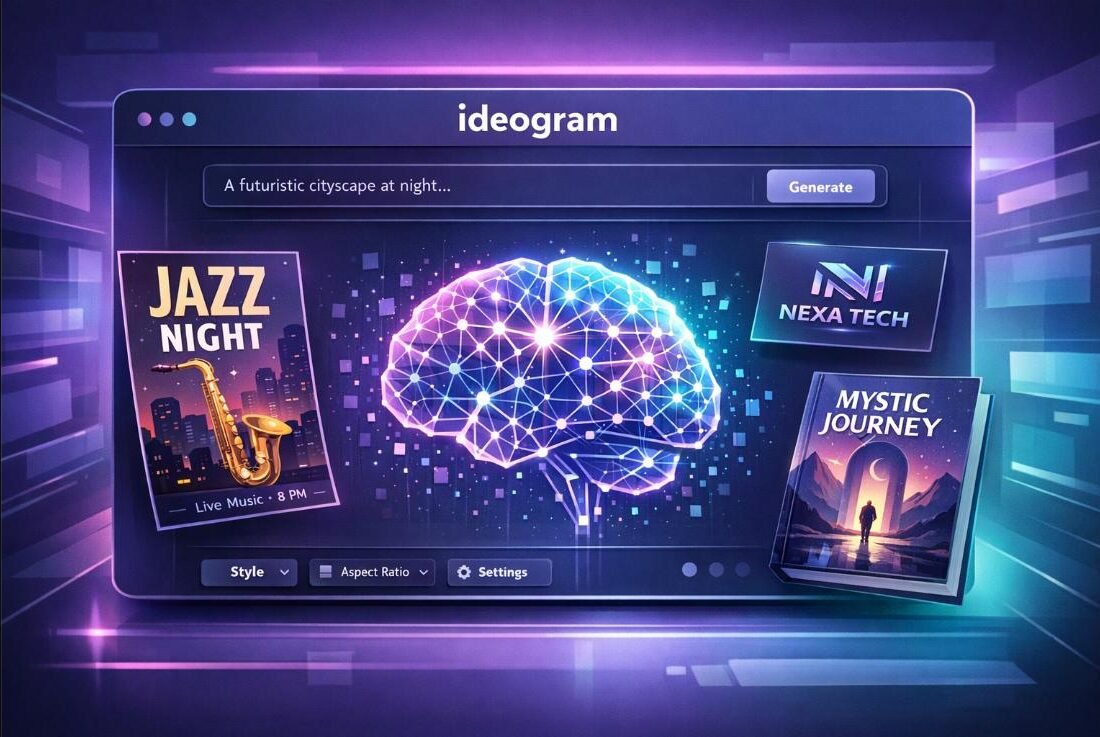 Ideogram AI - Interface de génération d'images avec texte intégré - cerveau IA lumineux - Guide 2026