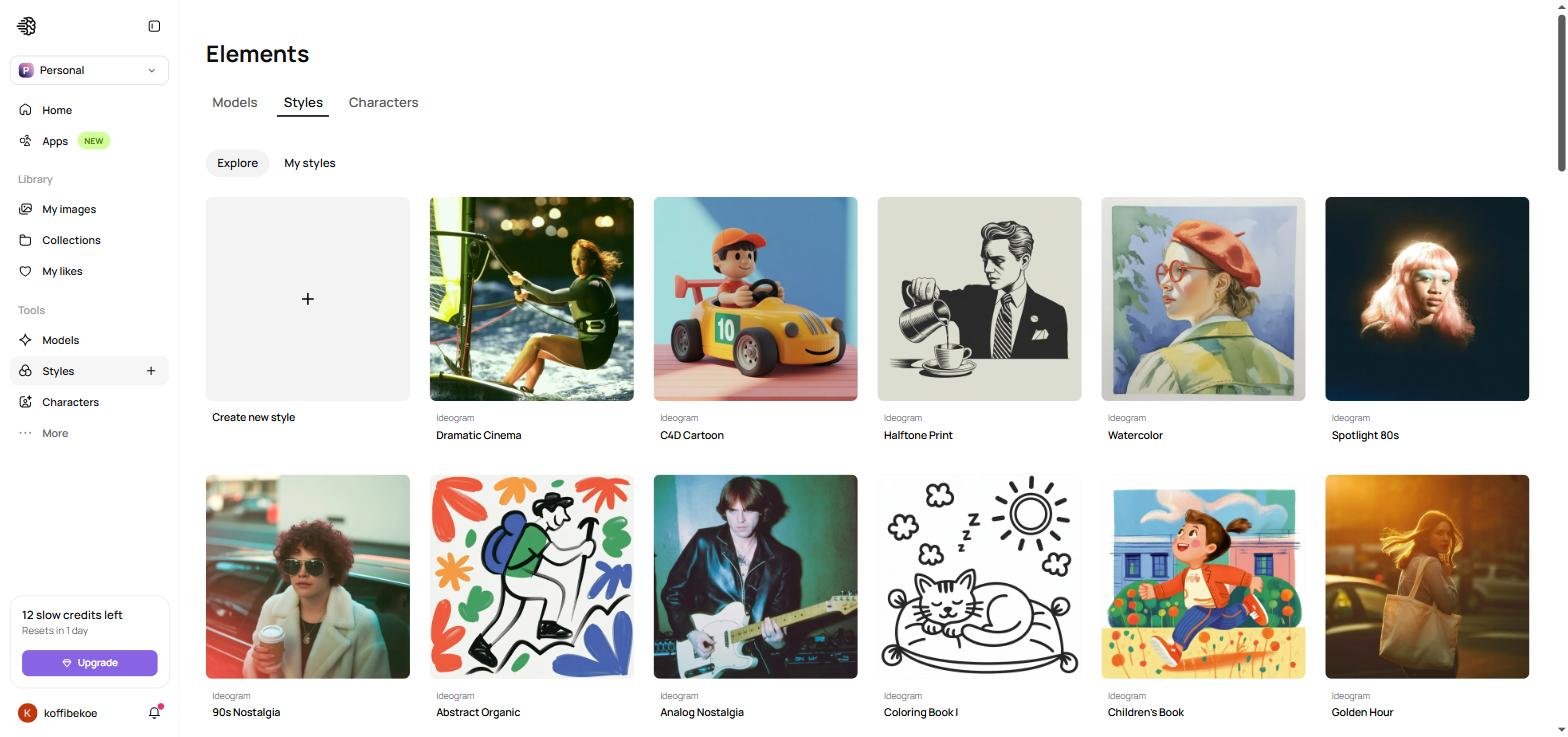 Bibliothèque de styles prédéfinis d'Ideogram AI - Cinéma, Cartoon, Aquarelle, Vintage
