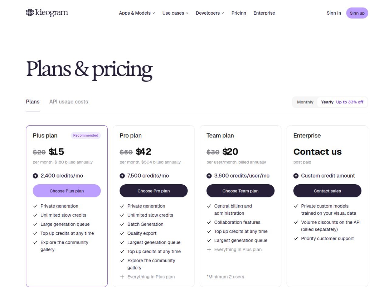 Page des tarifs d'Ideogram : plans Plus, Pro, Team et Enterprise