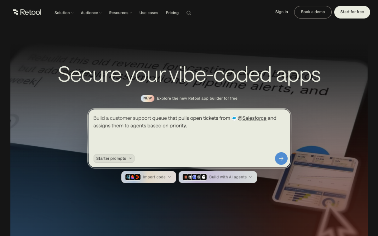 Page d'accueil de Retool : sécuriser des applications générées par IA, avec un champ de description d'application