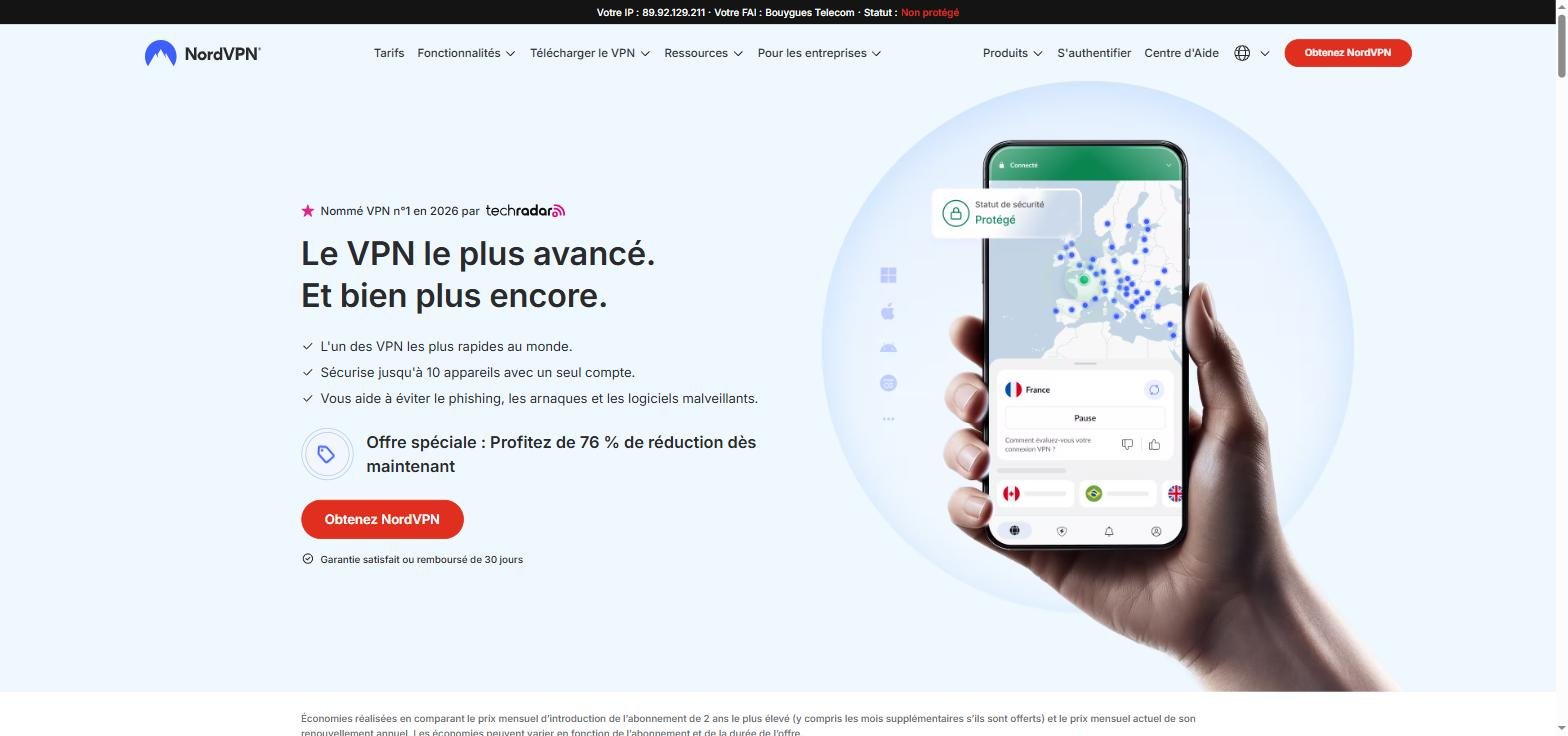 Interface de l'application NordVPN 2026 - Page d'accueil officielle avec carte des serveurs