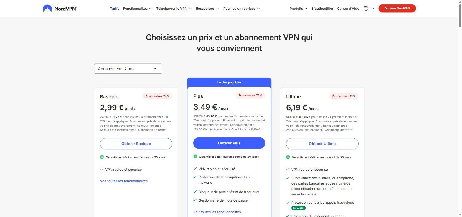 Capture ecran tarifs NordVPN 2026 Plans Basique Plus Ultime