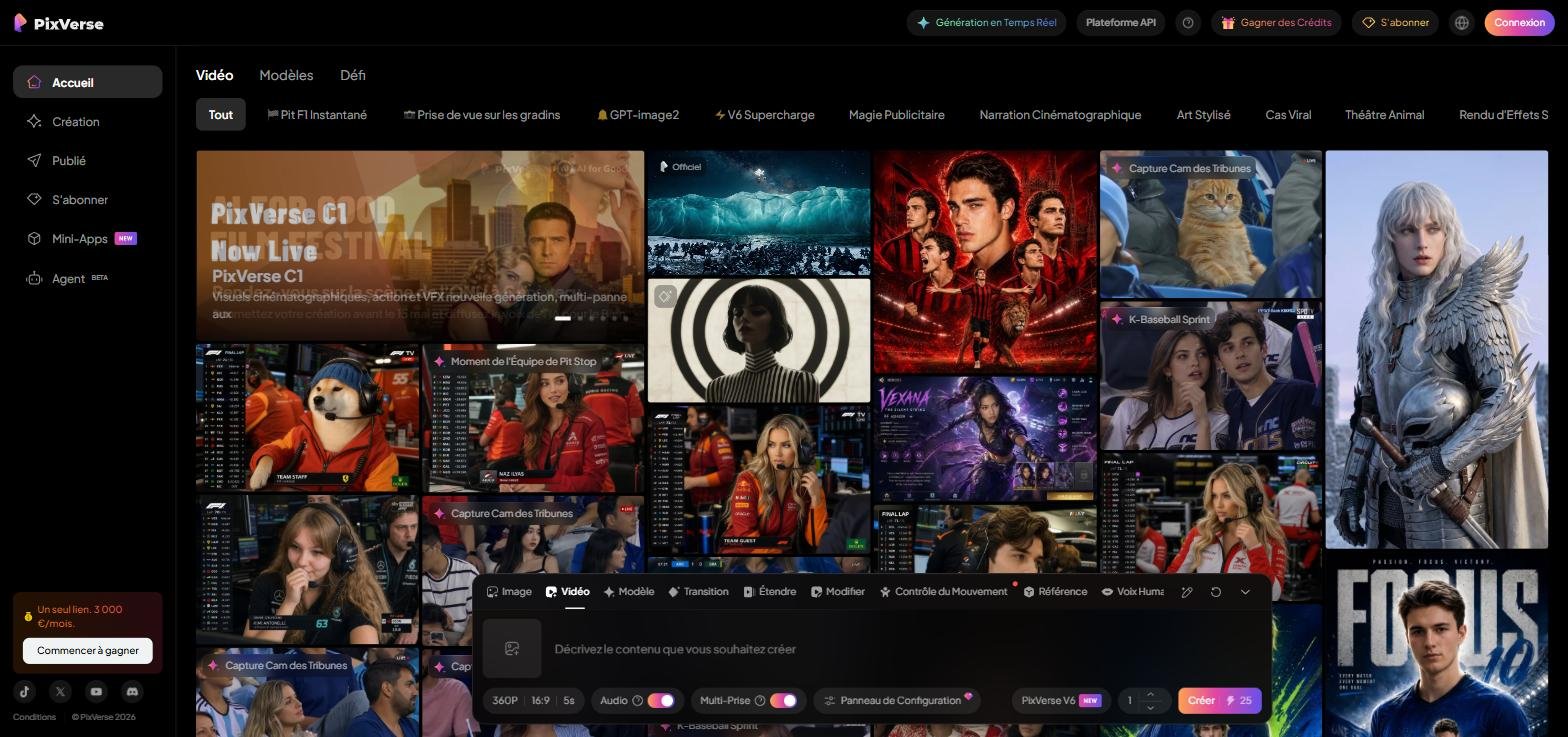 Interface d'accueil PixVerse AI - Galerie vidéo et panneau de création