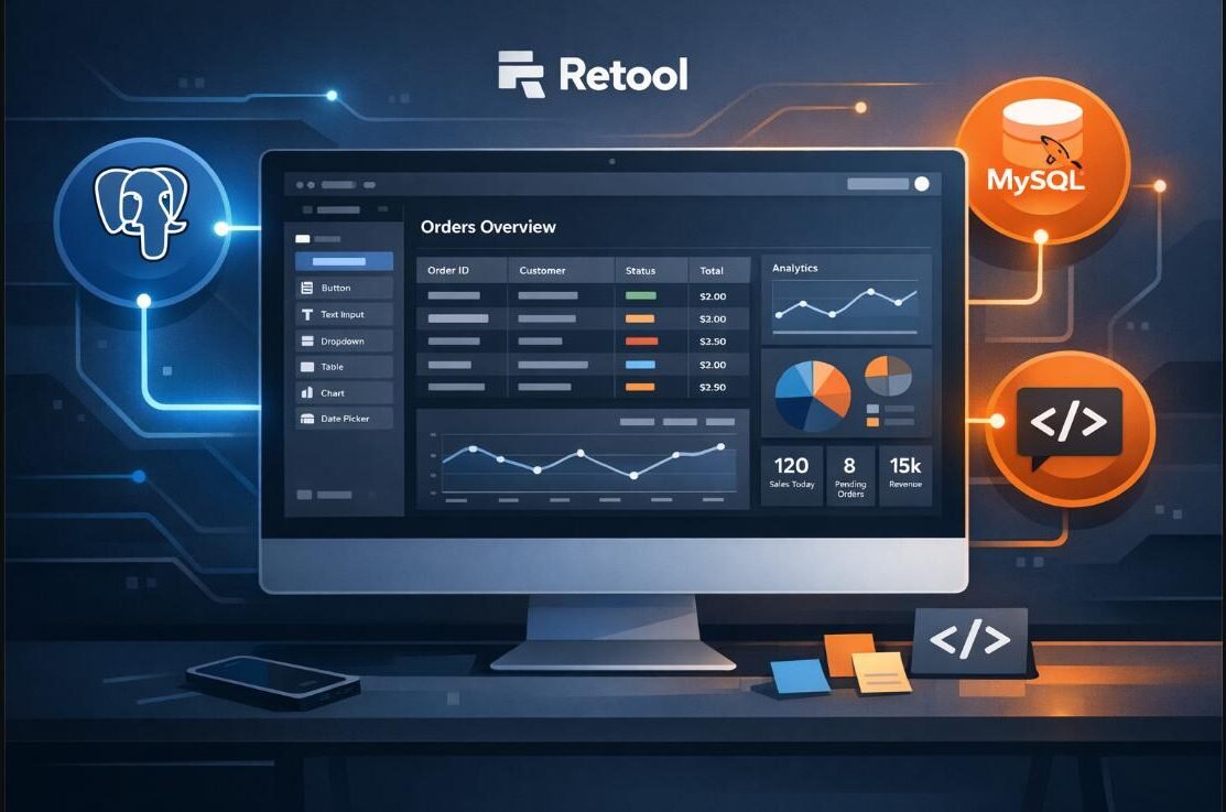 Retool interface dashboard low-code - admin panel avec connexions PostgreSQL et MySQL 2026