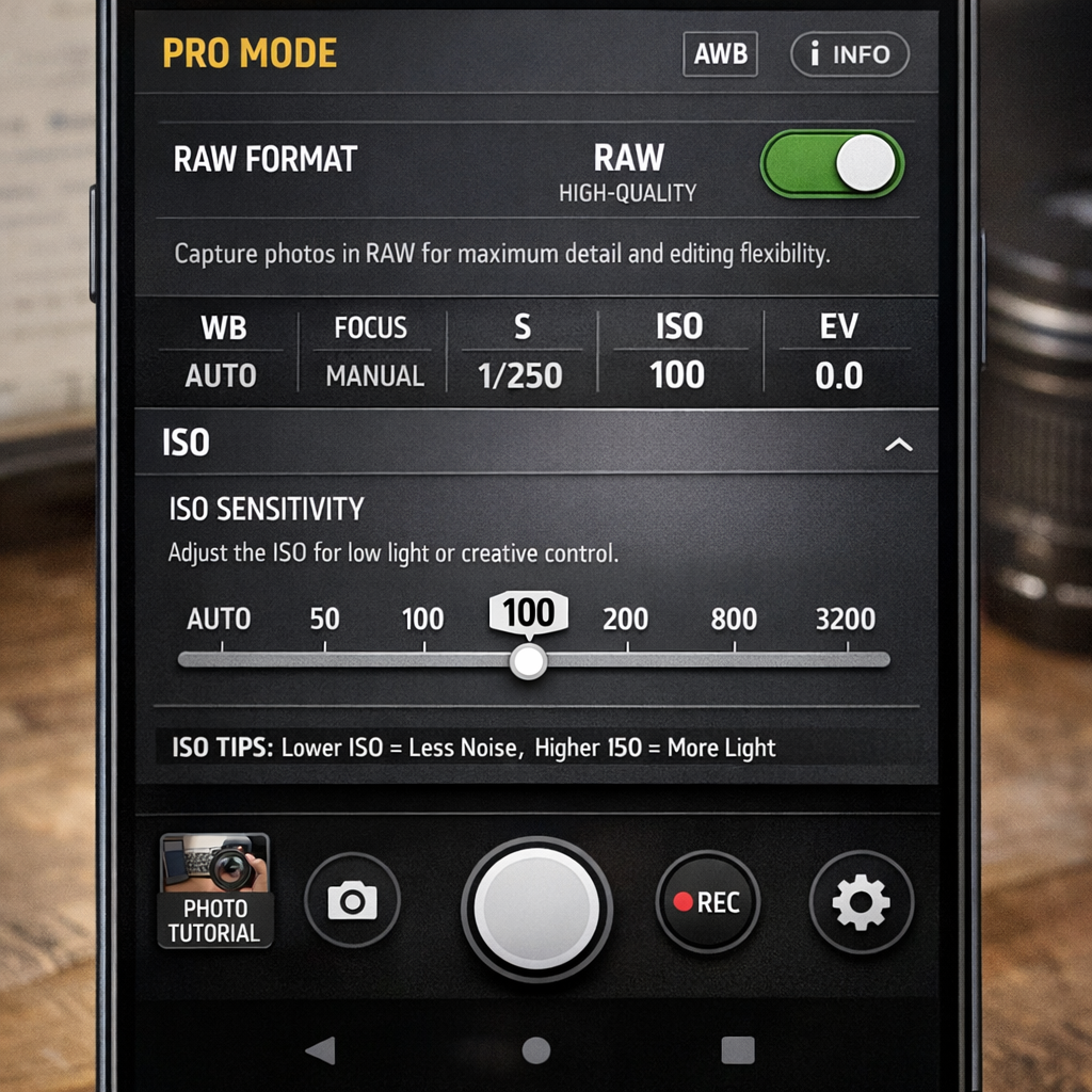 Mode Pro smartphone - Interface des réglages caméra avancés pour activer le RAW