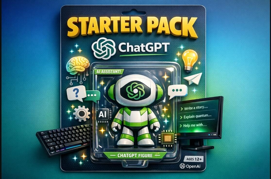 Starter Pack ChatGPT : figurine 3D sous blister avec robot IA et icônes ChatGPT