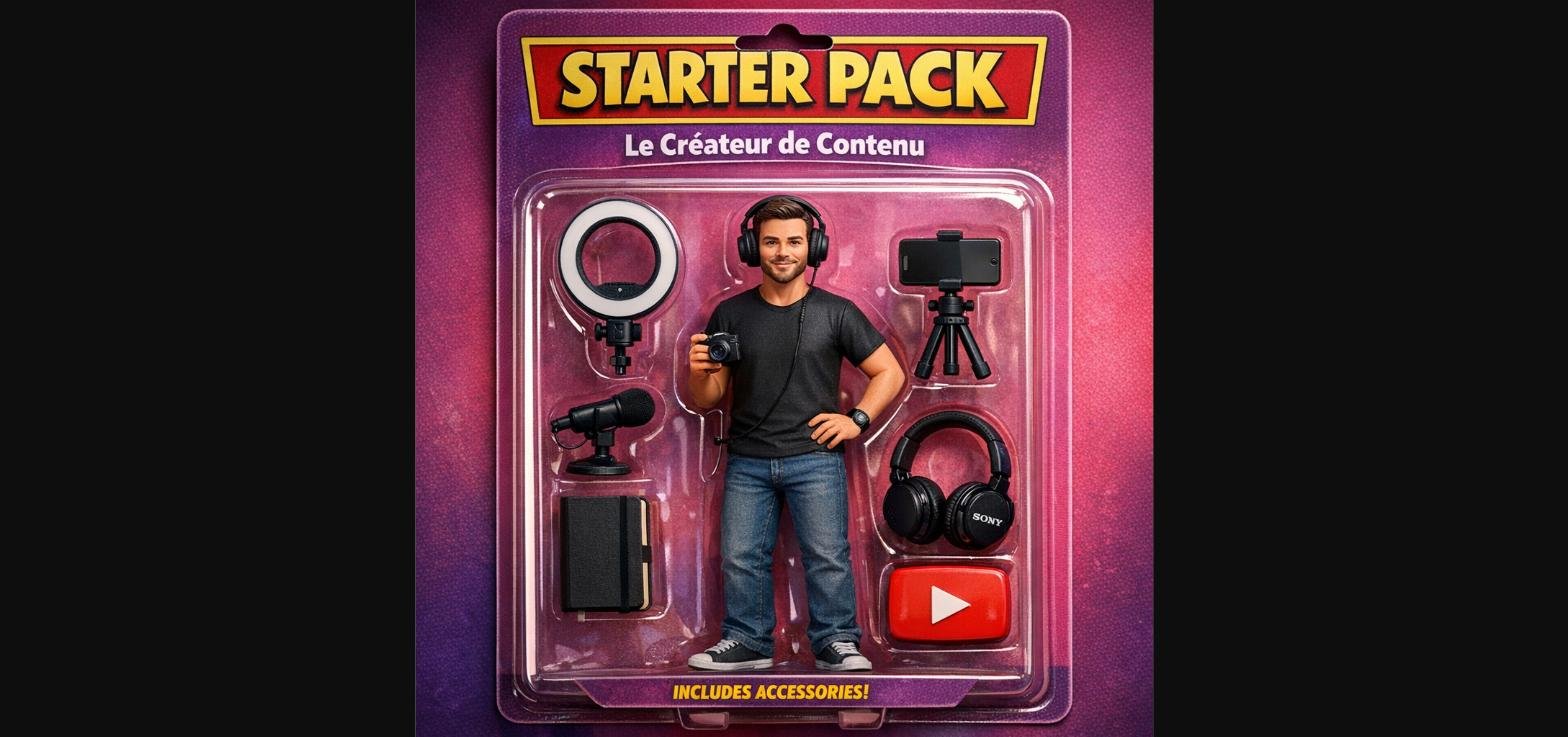 Starter pack ChatGPT du créateur de contenu : figurine sous blister avec ring light, micro de podcast et smartphone sur trépied