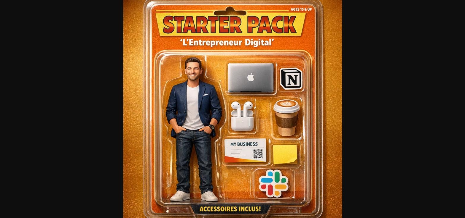 Starter pack ChatGPT de l'entrepreneur digital : figurine 3D sous blister avec ordinateur portable, café et accessoires de bureau