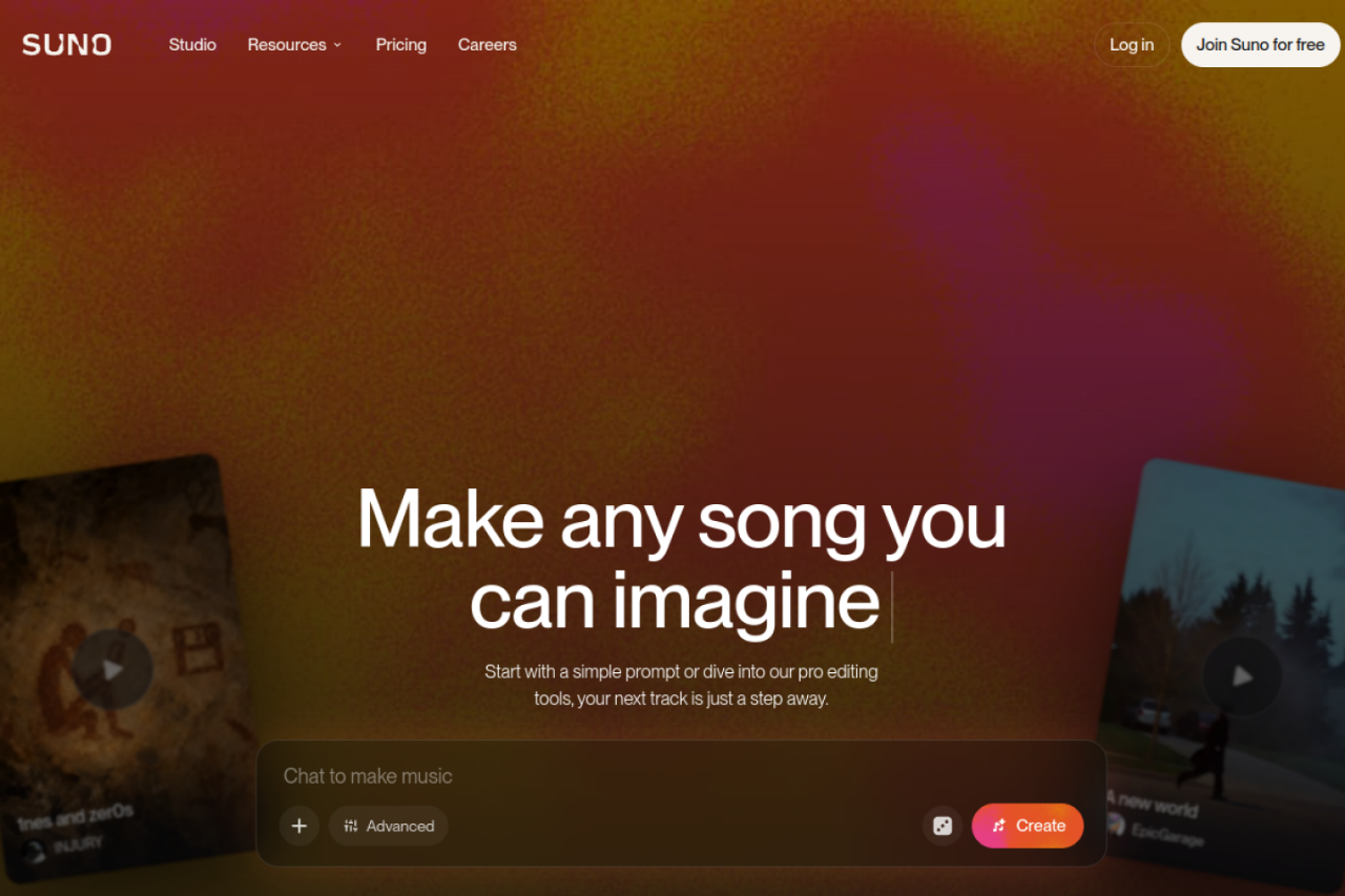 Page d'accueil de Suno avec la zone de saisie pour créer une chanson