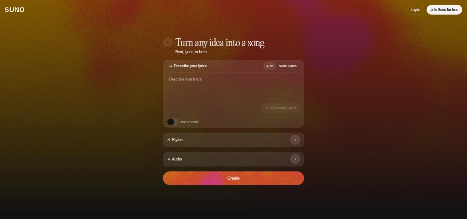 Interface de création avancée Suno AI - mode Custom avec paroles et styles