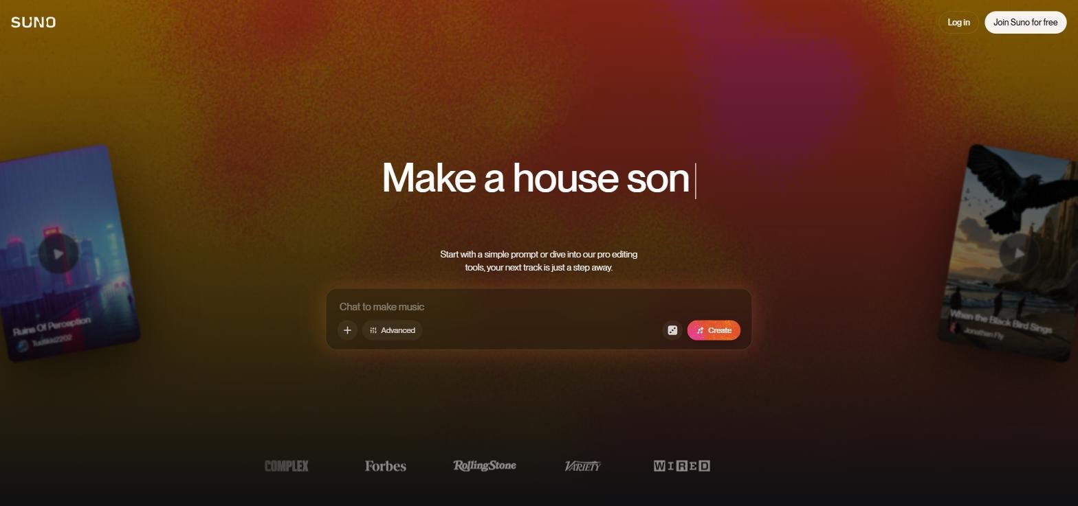 Interface principale de Suno AI - page d'accueil