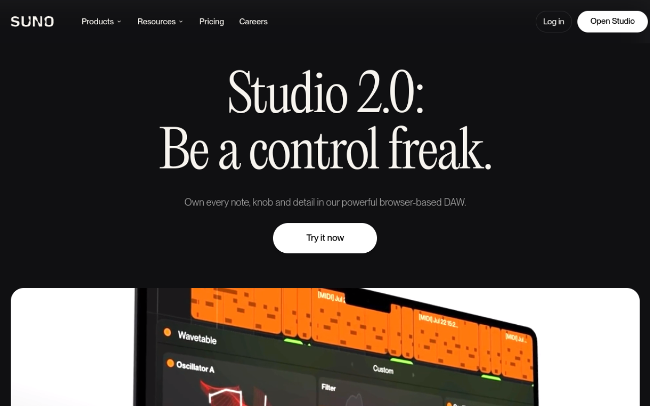 Page de présentation de Suno Studio 2.0, station audio dans le navigateur