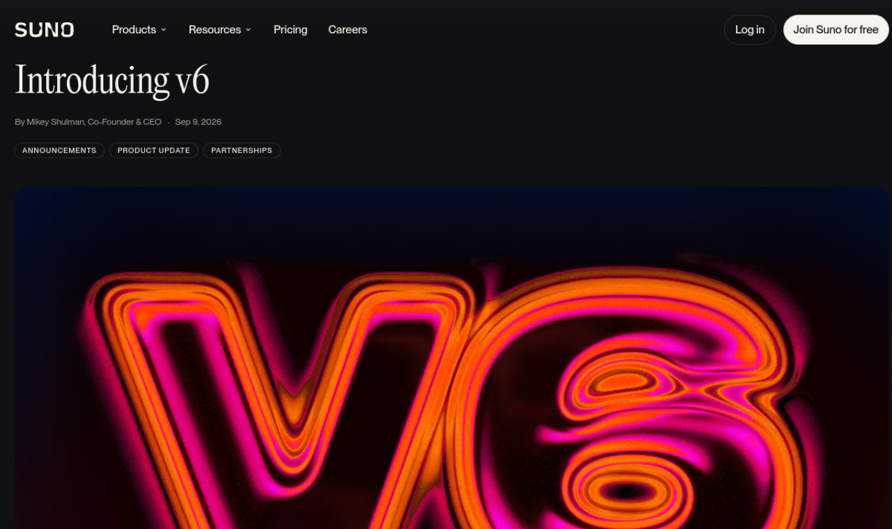 Annonce officielle de Suno v6 sur le blog de Suno