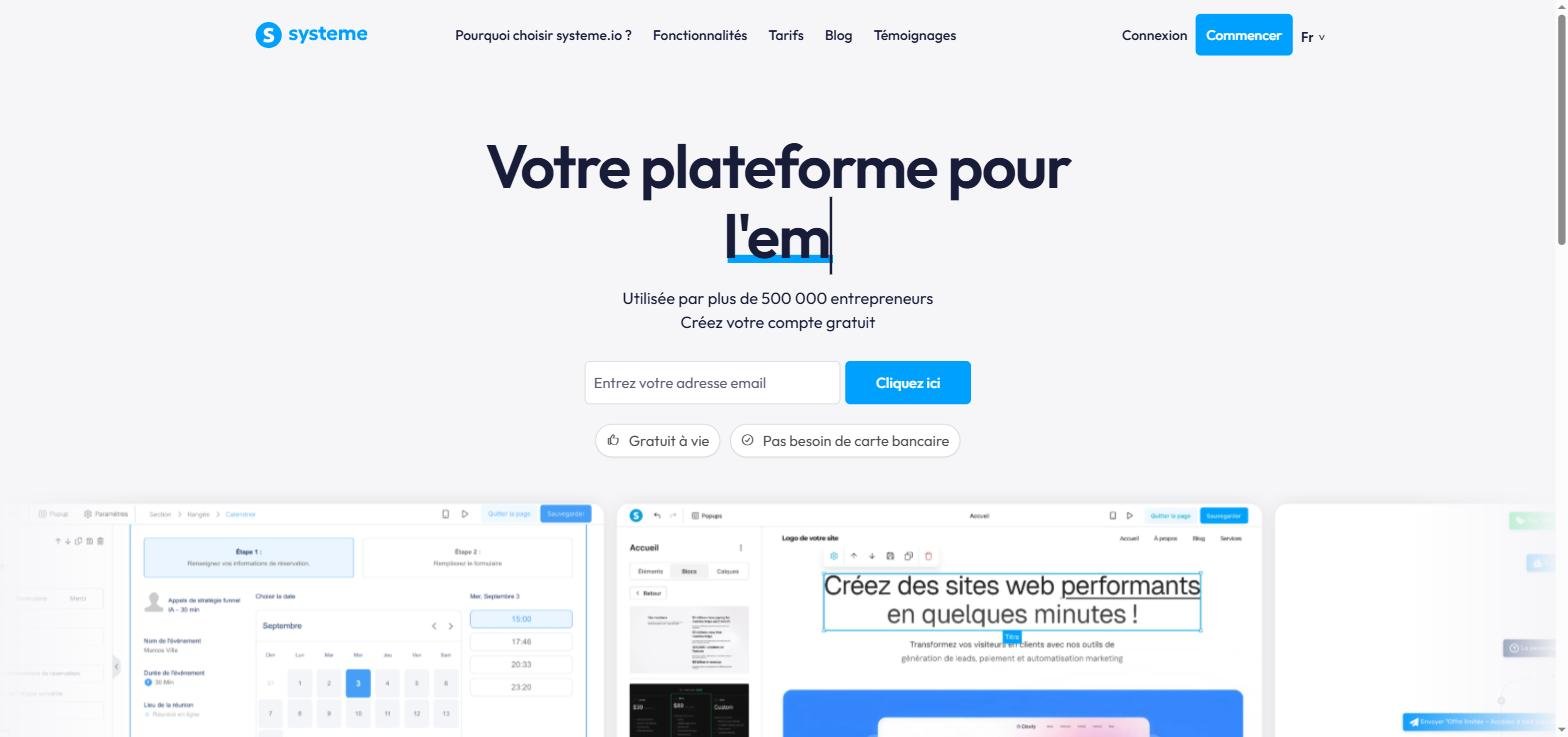 Page d'accueil Systeme.io - Plateforme tout-en-un pour créer un business en ligne