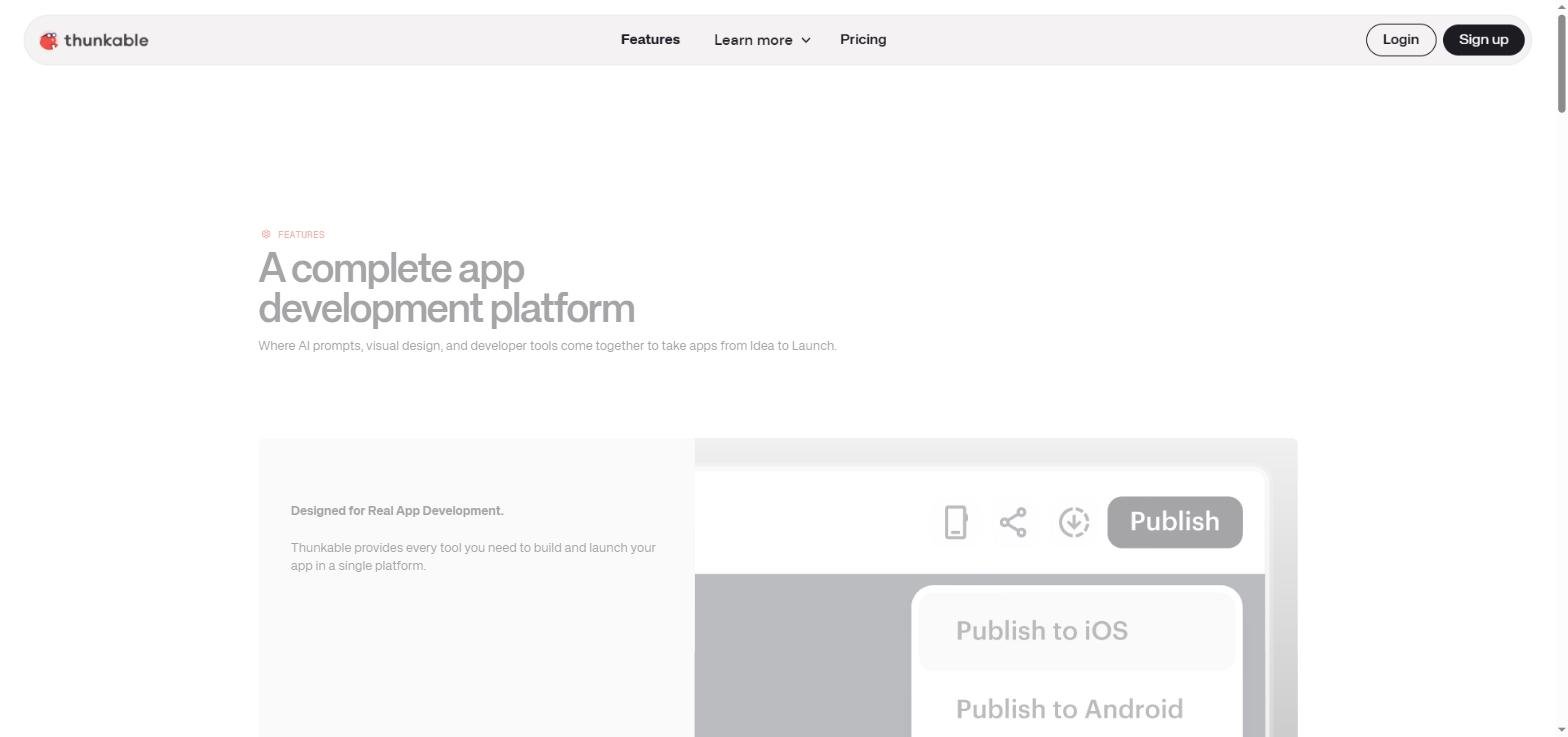 Interface Thunkable - plateforme complète de développement d'applications mobiles
