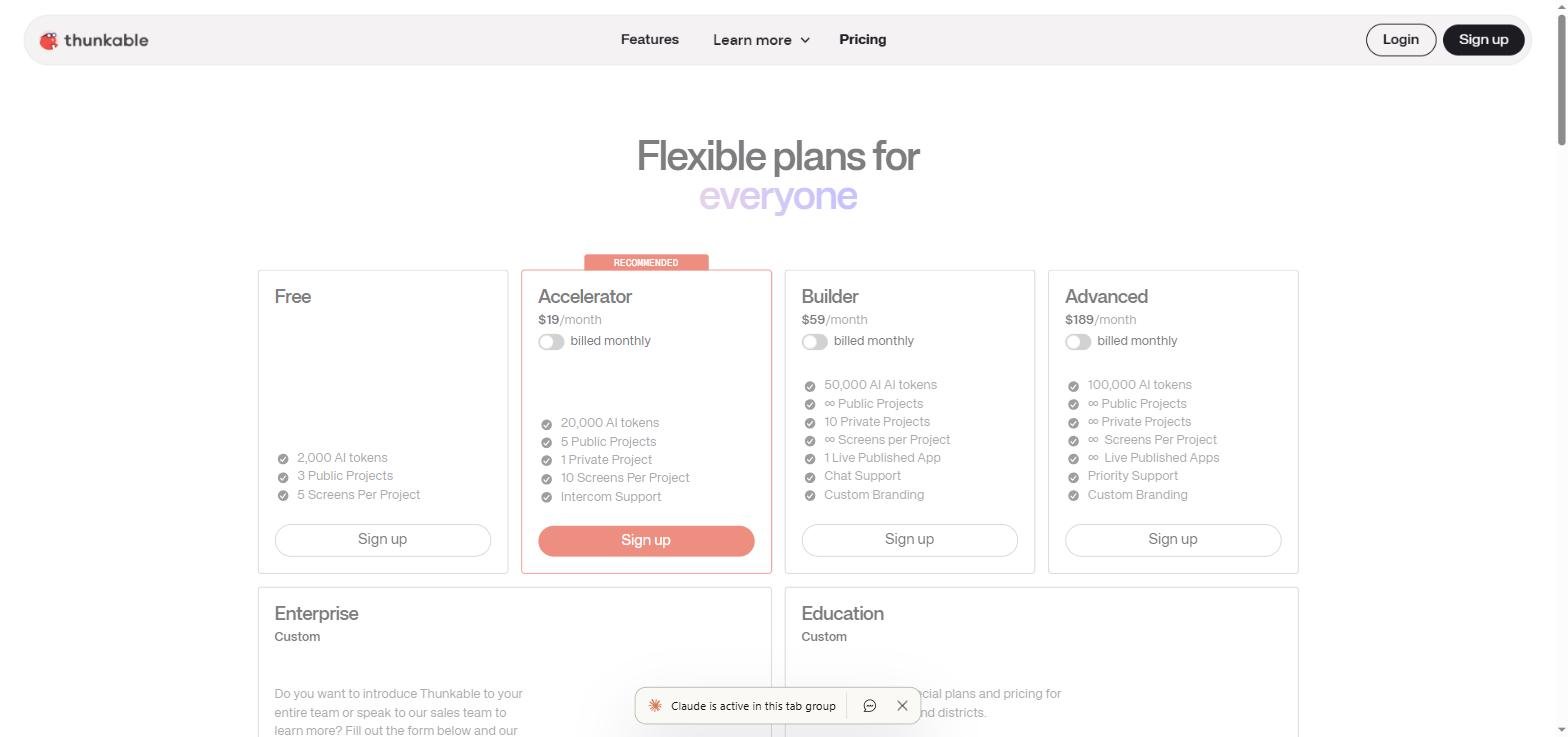 Thunkable tarifs et prix 2026 - plans Free, Accelerator, Builder et Advanced