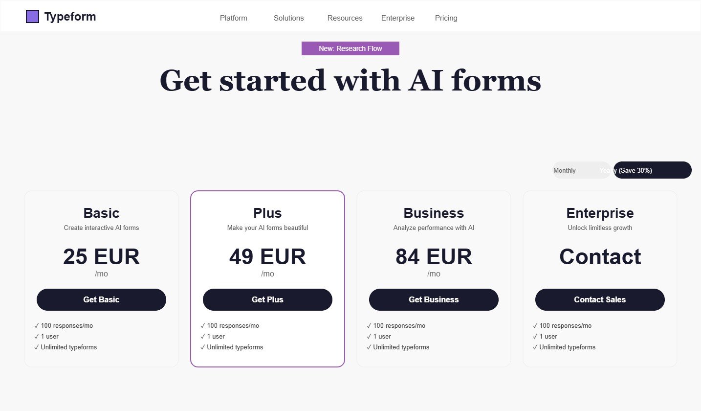 Plans et tarifs Typeform 2026 — Basic 25€, Plus 49€, Business 84€
