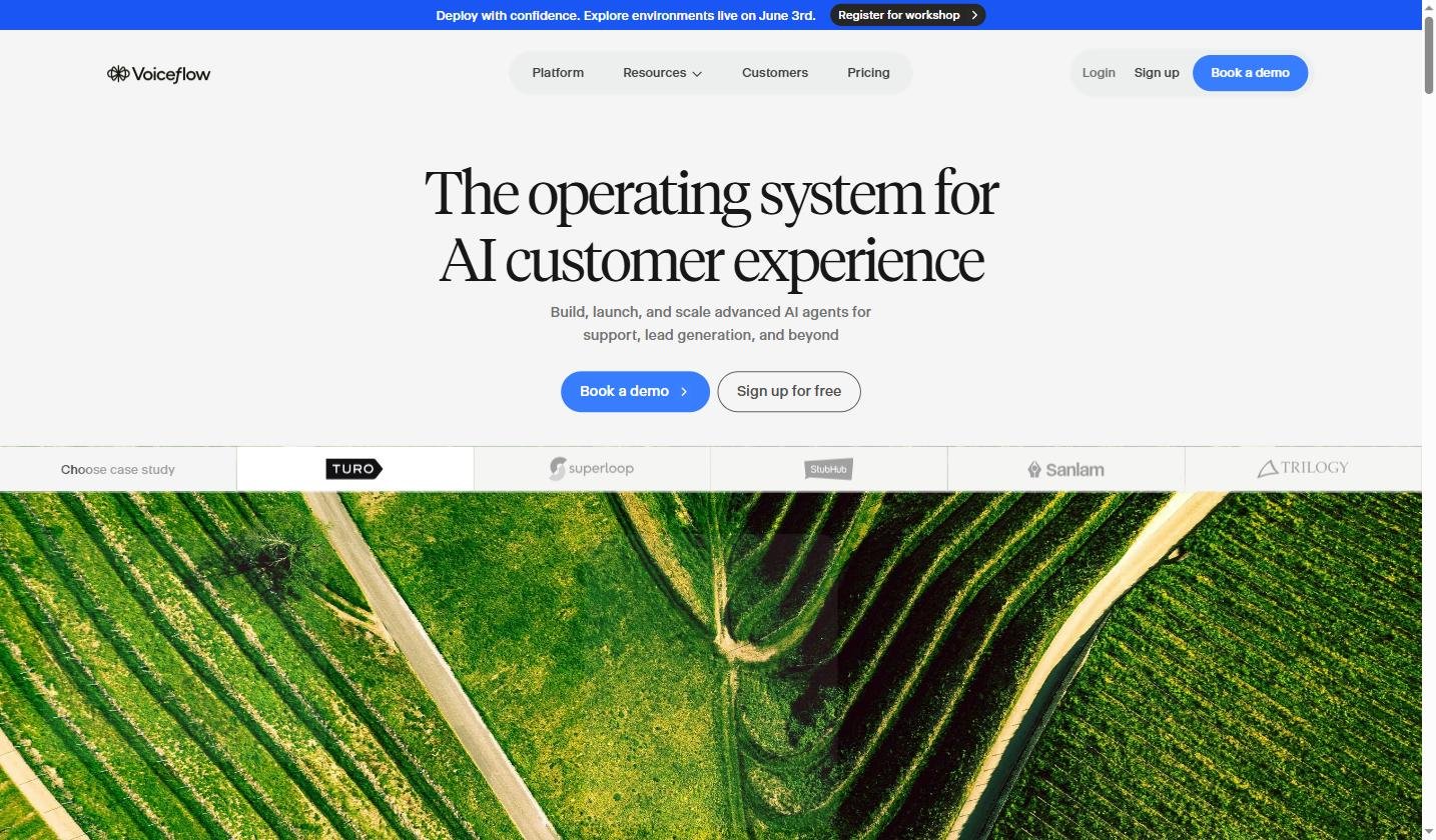 Page d'accueil Voiceflow - plateforme no-code pour créer des agents IA conversationnels
