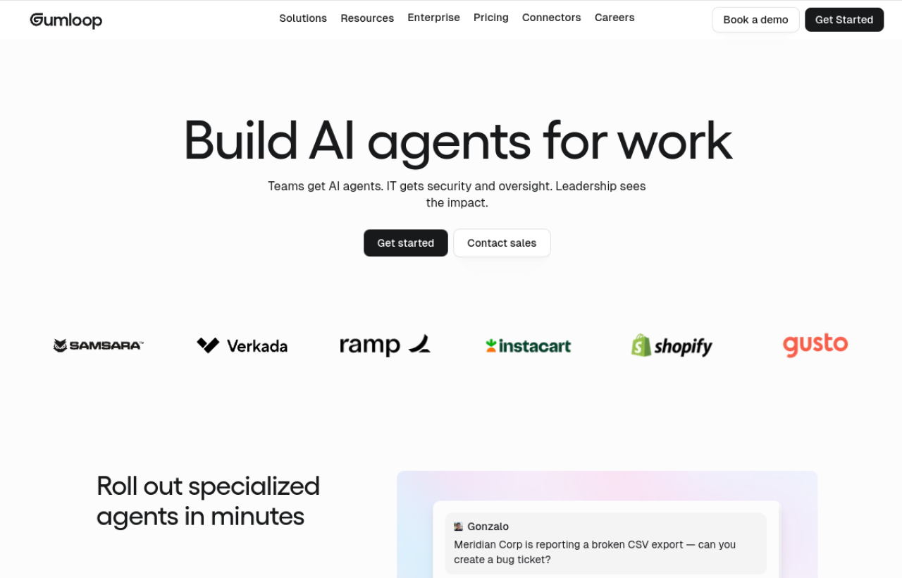 Page des agents Gumloop : « Build AI agents for work », avec des exemples d'entreprises clientes