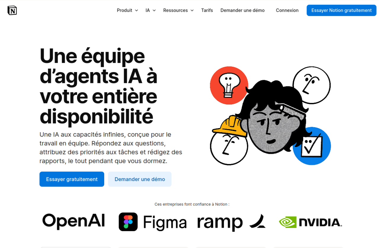 Page Notion IA en français : « Une équipe d'agents IA à votre entière disponibilité », avec les agents, la recherche Enterprise et les notes d'IA