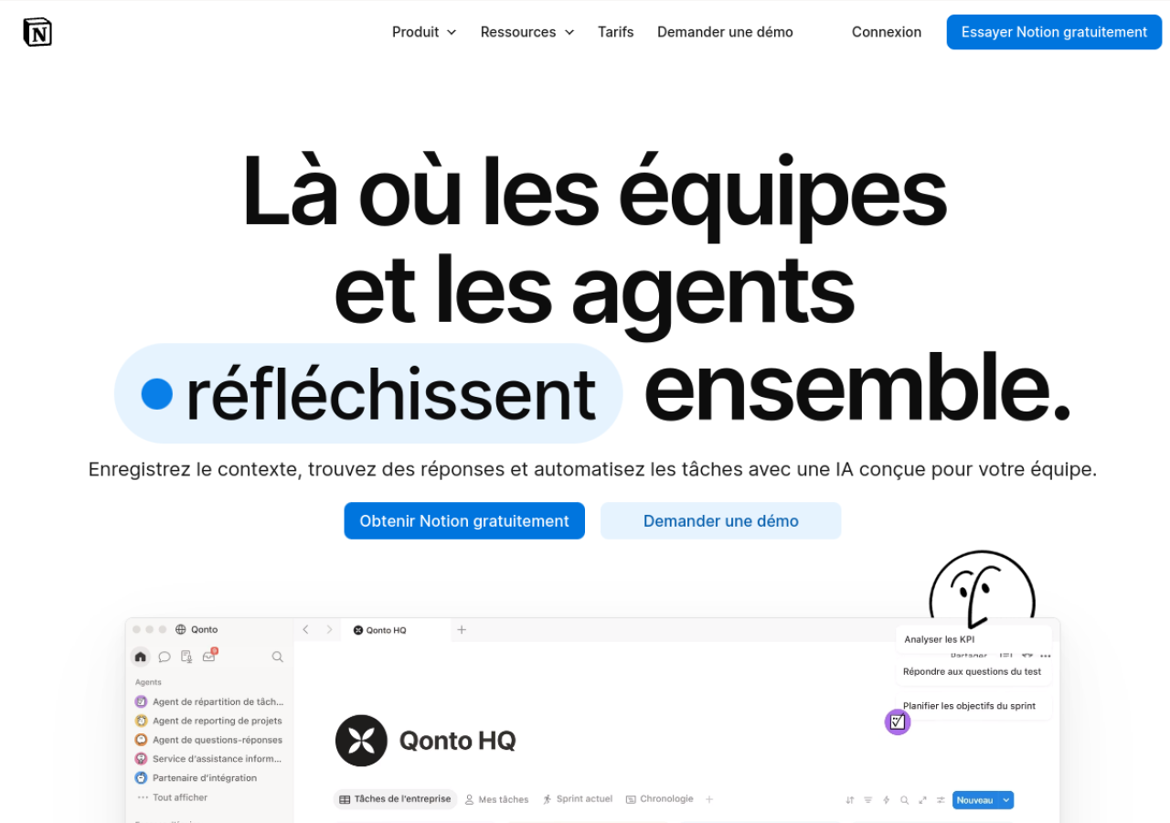 Page d'accueil de Notion en français : « Là où les équipes et les agents réfléchissent ensemble », avec un aperçu de l'espace de travail