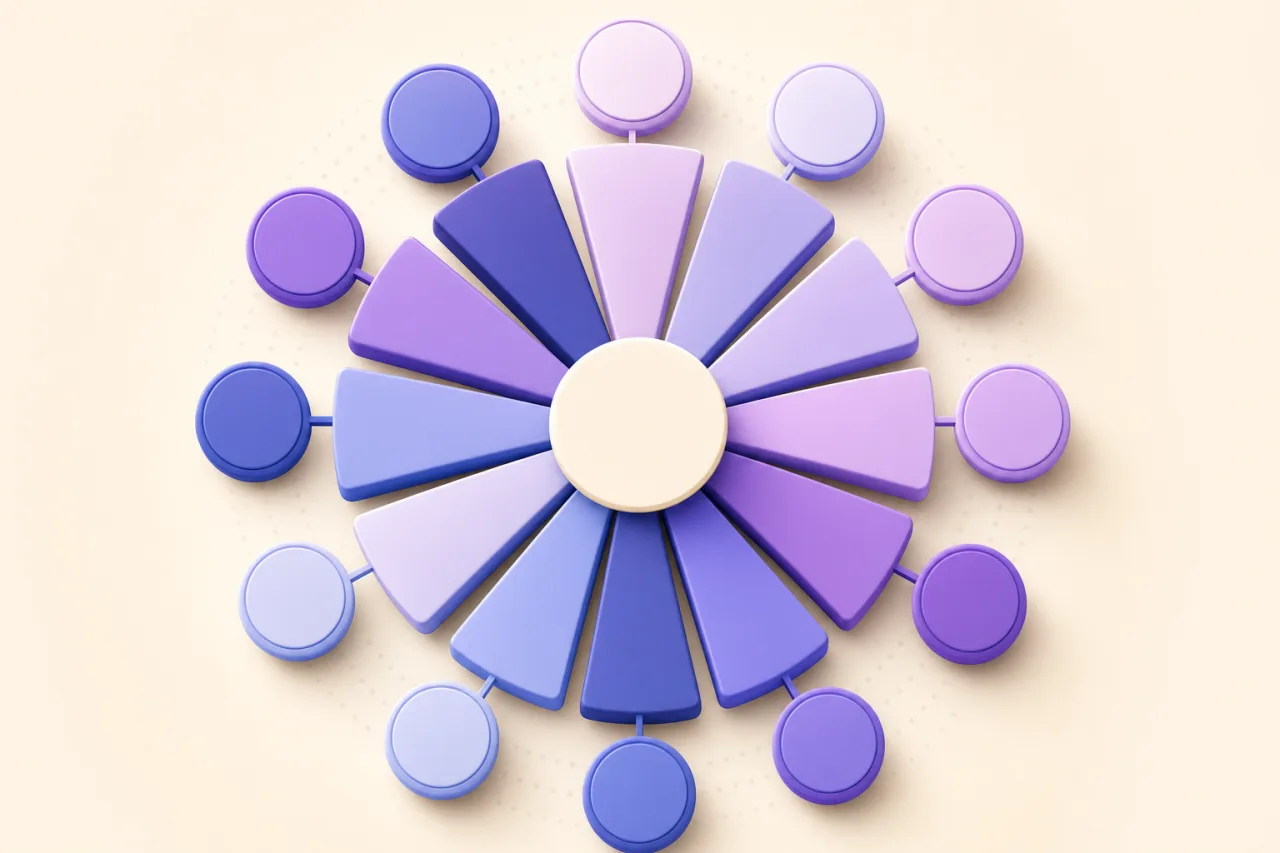 Roue de questions et de mots-cles rayonnante