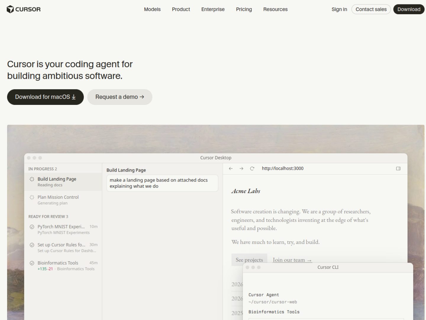 Page d'accueil de Cursor : « Cursor is your coding agent for building ambitious software »