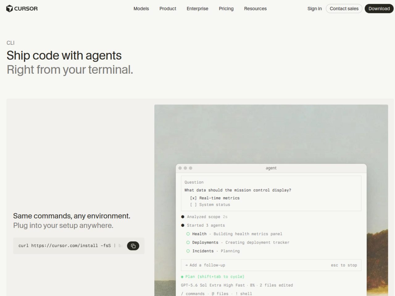 Page de la CLI de Cursor : des agents de code directement depuis le terminal