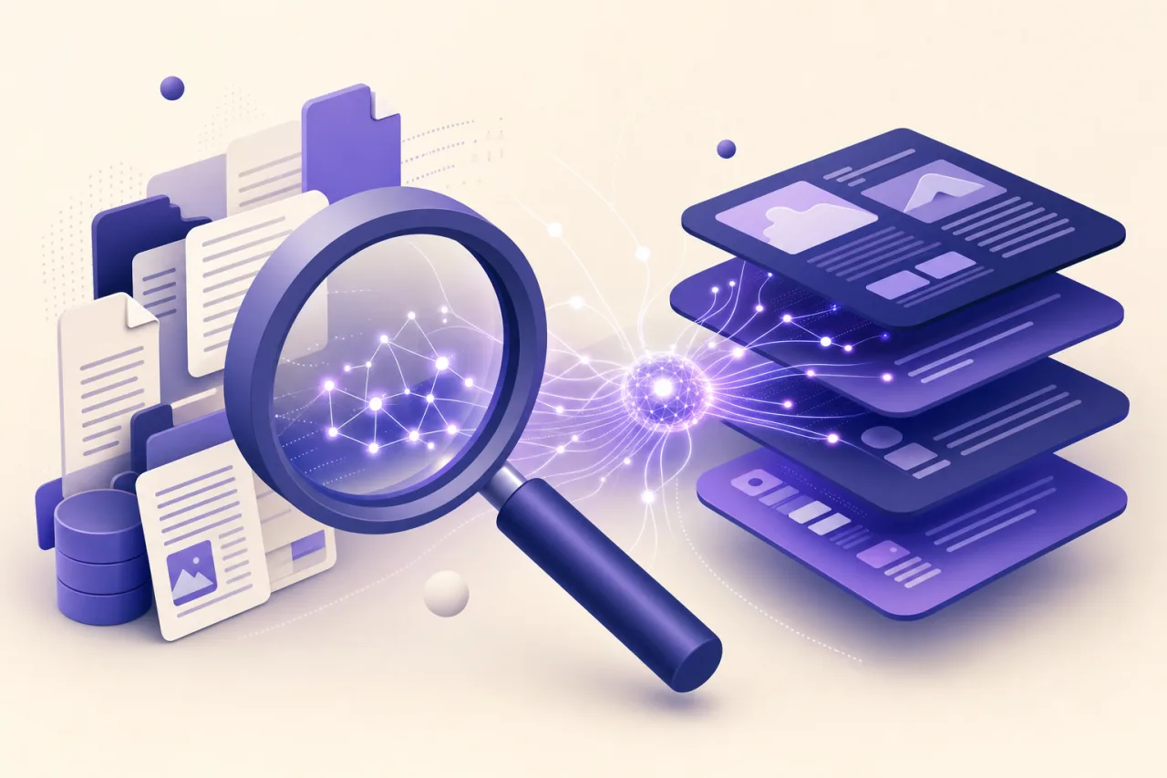 Recherche approfondie par IA : loupe, couches de resultats et reseau neuronal