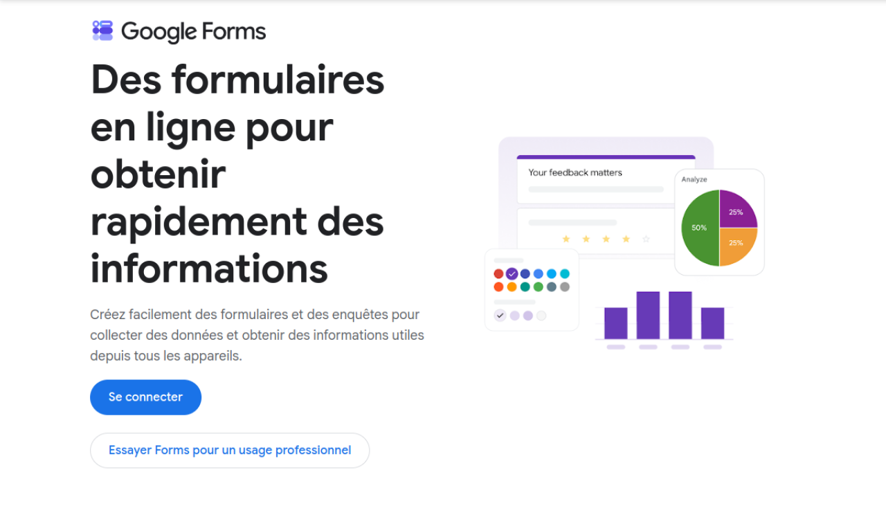 Page de présentation de Google Forms dans Google Workspace : des formulaires en ligne et un exemple de graphiques de résultats